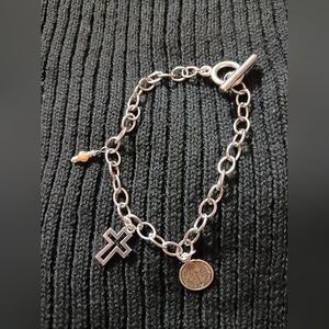 Stylish Silver Saint Benedict & Cross Charm Bracelet.